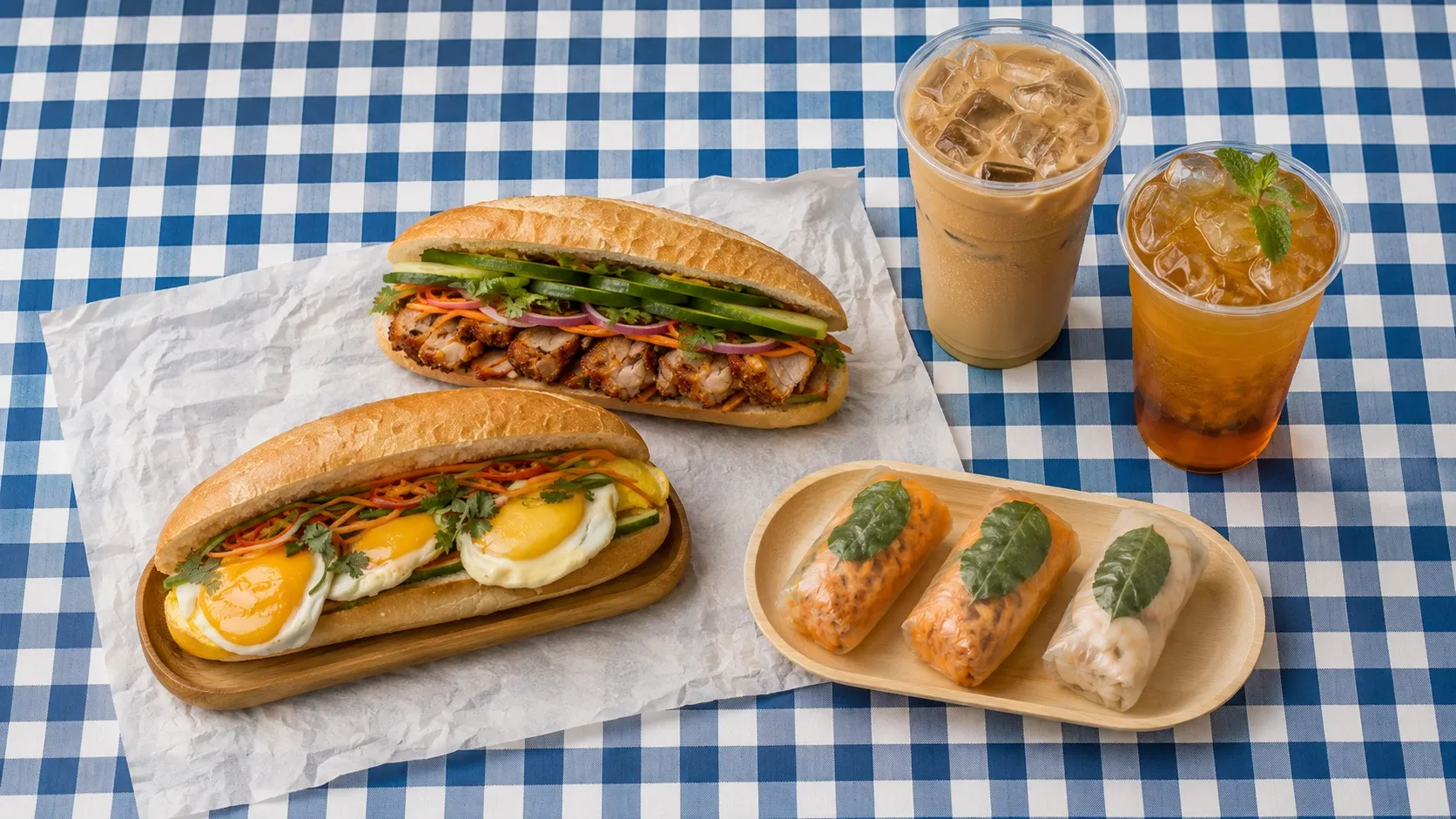 Banh mi, summer rolls and Vietnamese iced drinks on a blue gingham picnic cloth